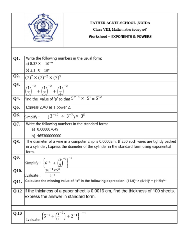 Exponents and Powers - Class 8 | PDF