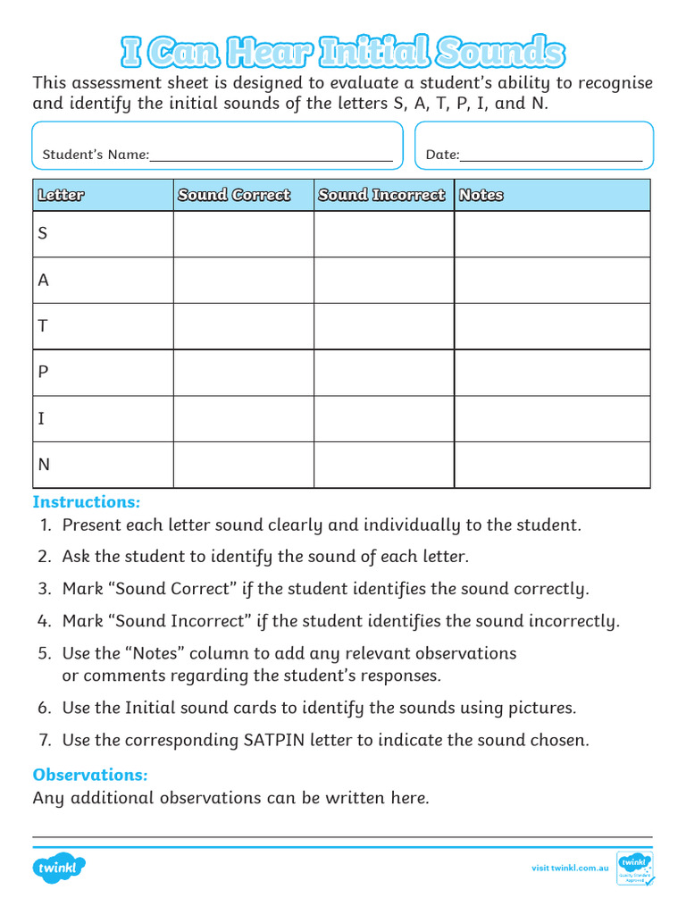 SATPIN Initial Sound Assessment | PDF | Word | Linguistics