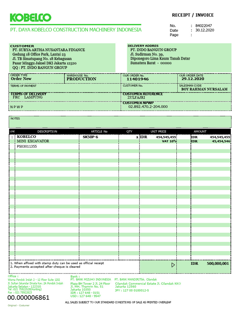 Invoice for Kobelco Mini Excavator Purchase | PDF | Payments | Legal ...