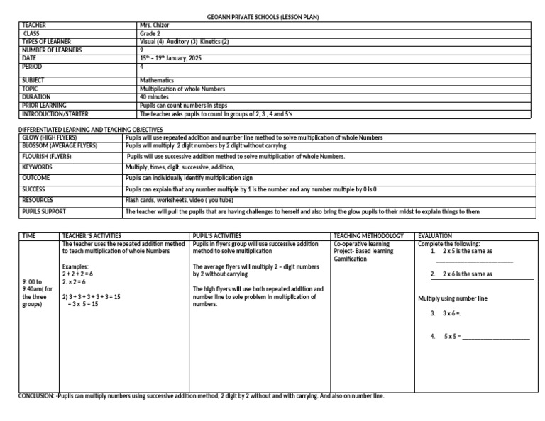 Maths Lesson Plan Wk2 | PDF | Lesson Plan | Multiplication