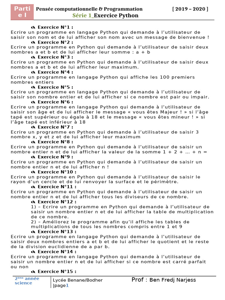 Exercices Python pour débutants | PDF | Python (Langage de ...