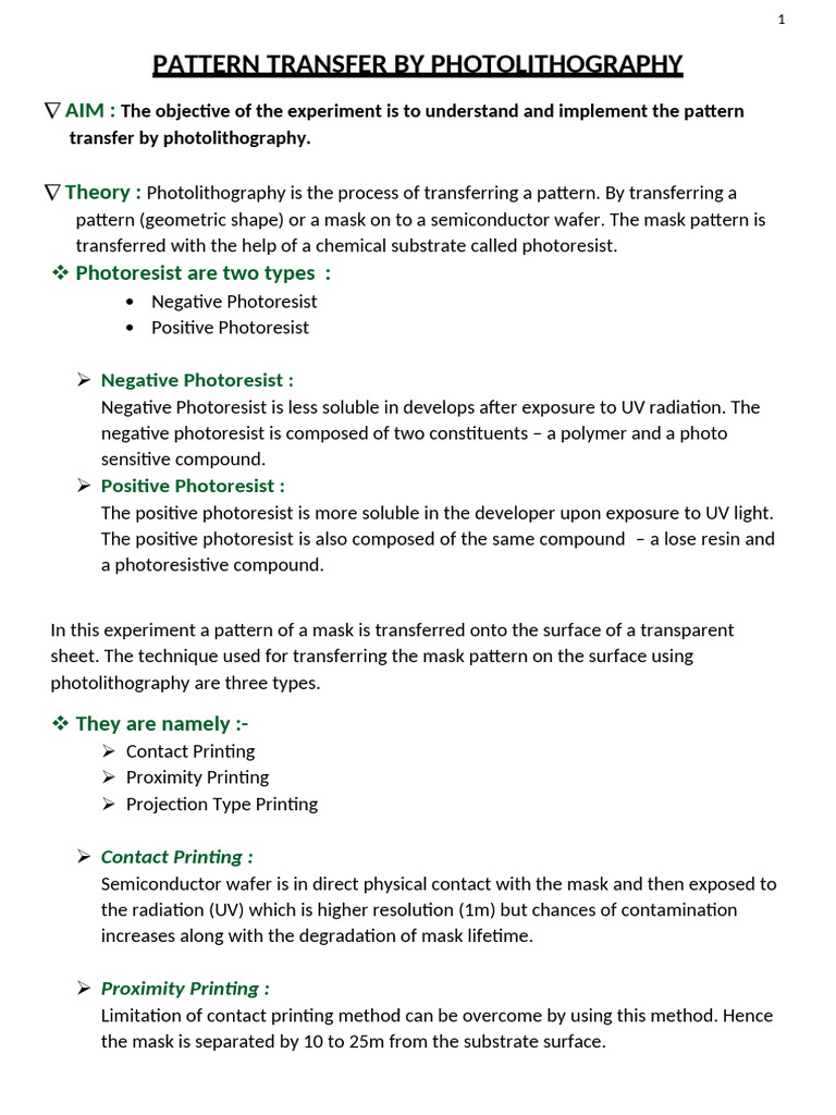 Photolithography Pattern Transfer Guide | PDF | Photolithography ...