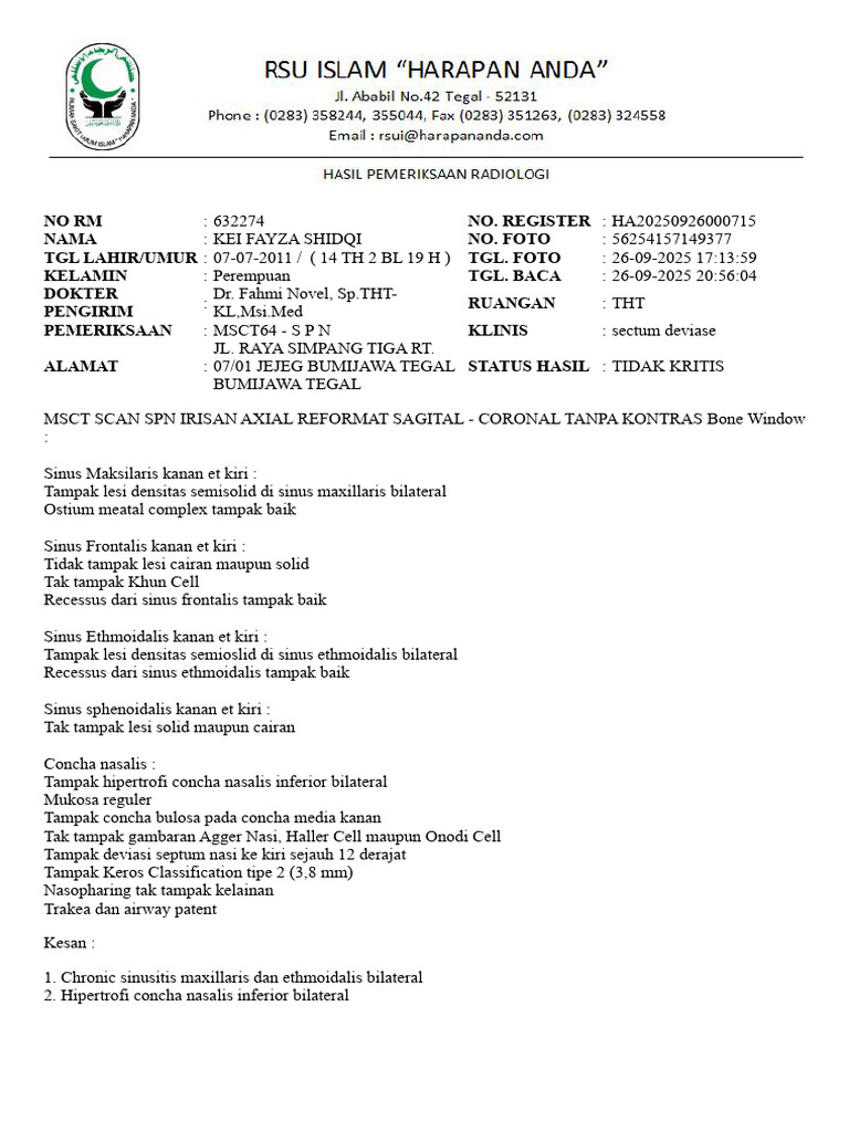 Hasil MSCT Sinus: Sinusitis Kronis dan Deviasi Septum | PDF