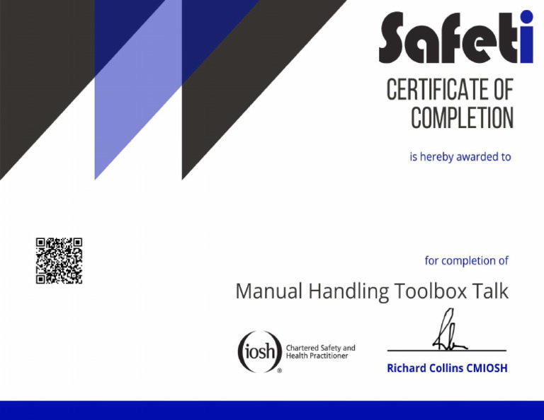 Manual Handling Toolbox Talk Certificate Manual Handling Toolbox Talk ...