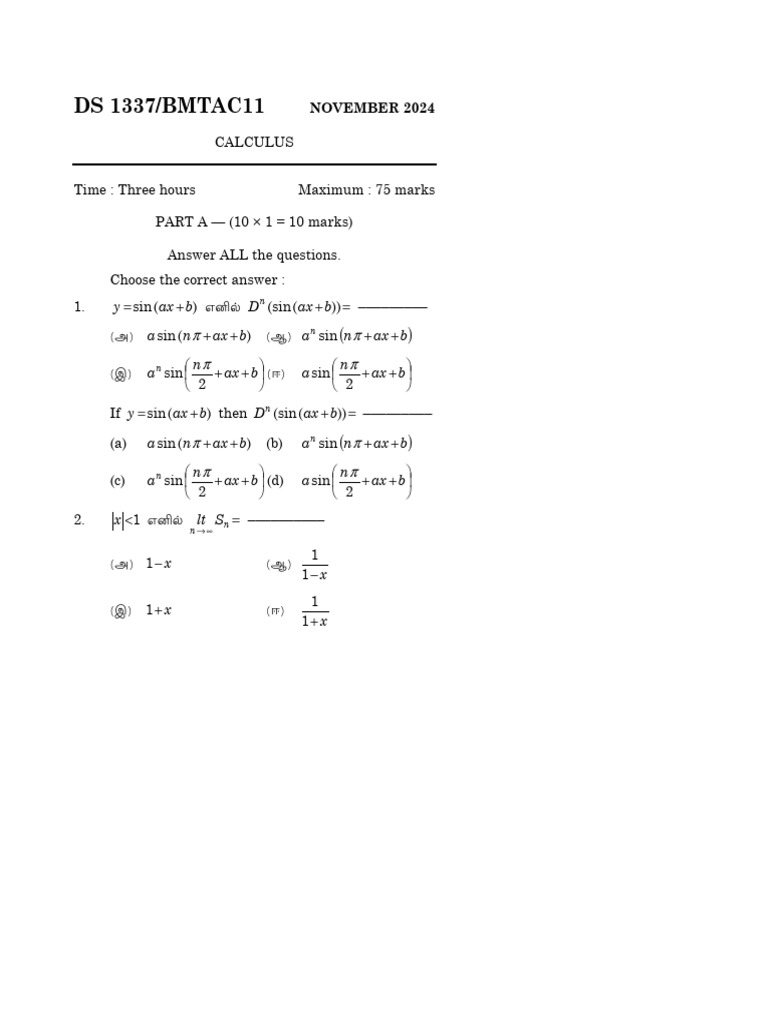 Calculus Exam Paper November 2024 | PDF | Elementary Geometry ...