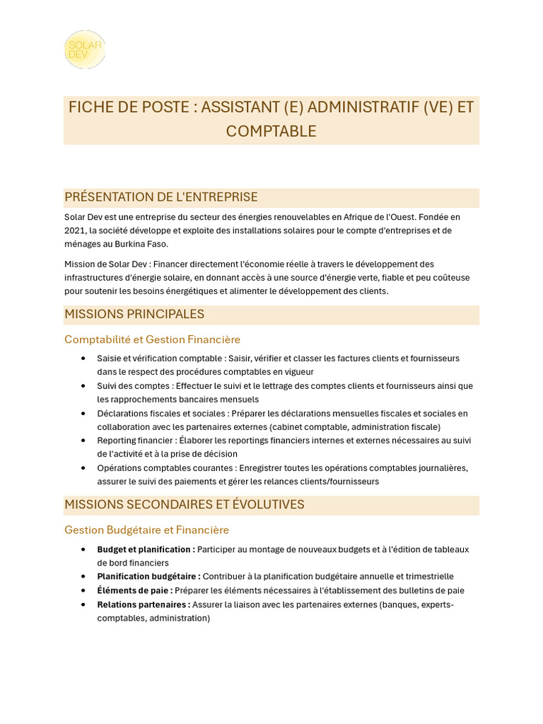 Assistant Administratif et Comptable chez Solar Dev | PDF ...