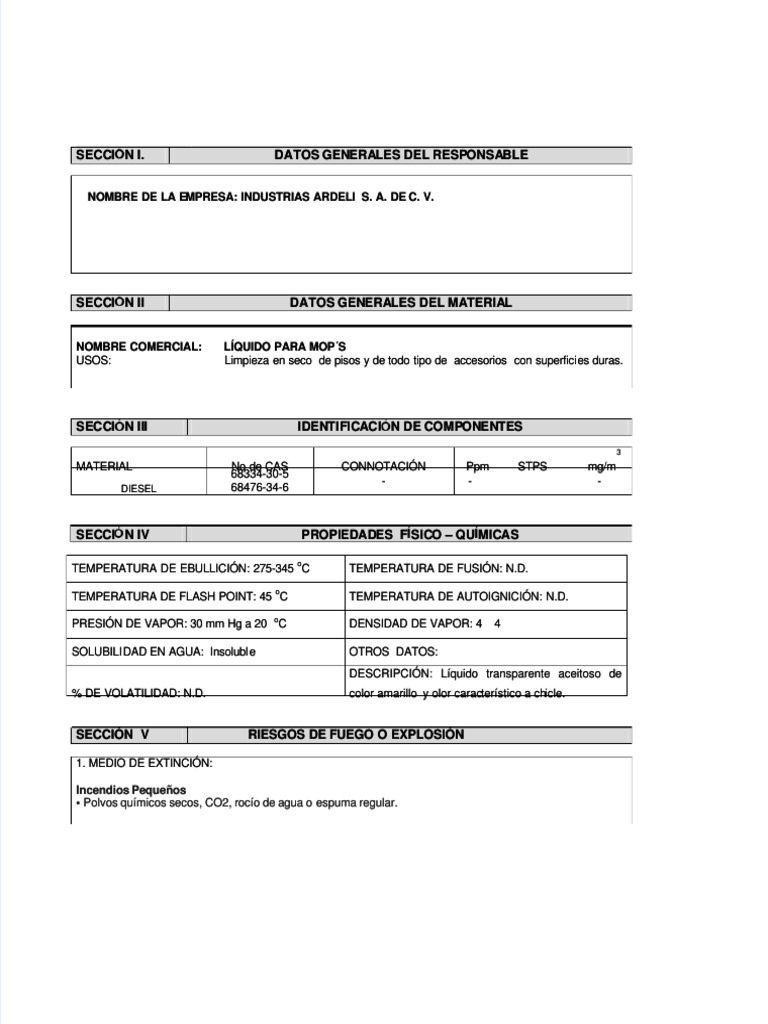 Líquido para MOP's: Ficha Técnica y Seguridad | PDF | Agua | Química