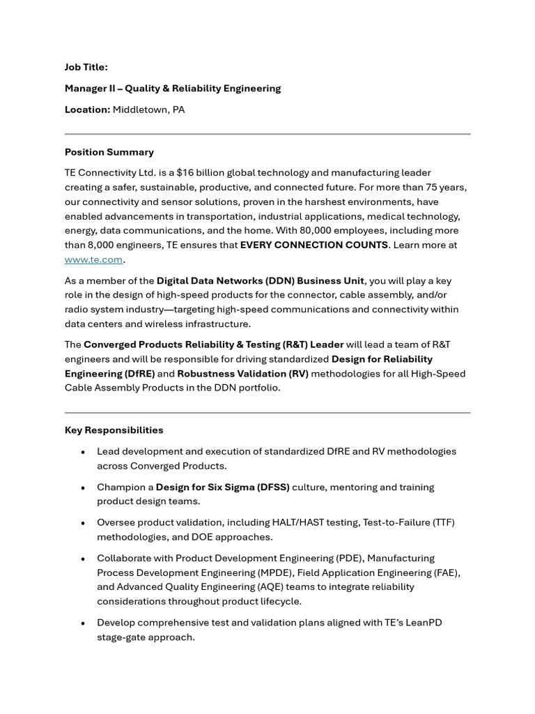 Manager II - Quality & Reliability Engineering - JD 139895-2 | PDF ...