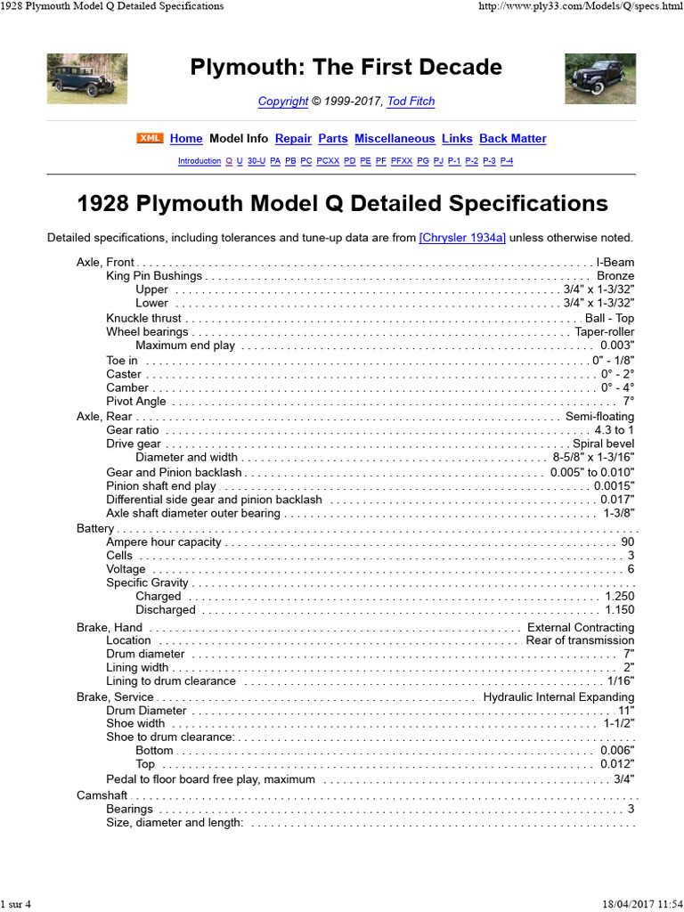 1928 Plymouth Model Q Specs | PDF | Vehicle Technology | Vehicles
