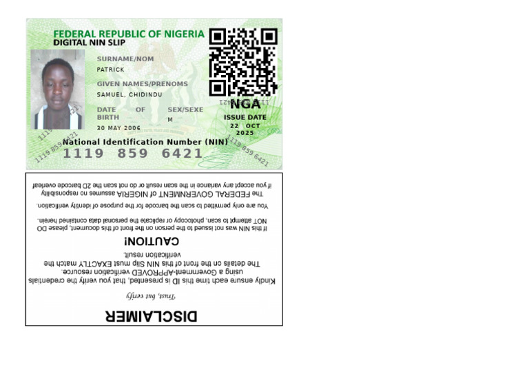 Nin Card Patrick Samuel 1761159011 2 | PDF