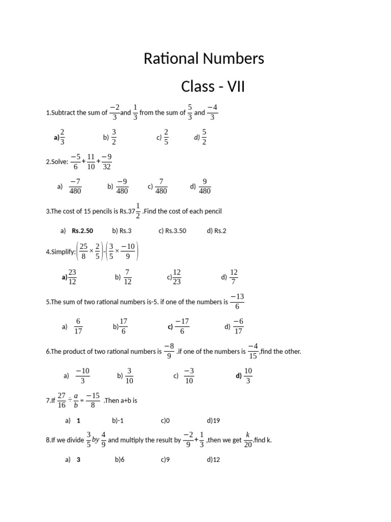 Rational Numbers Class VII Exercises | PDF | Chess | Chess Theory