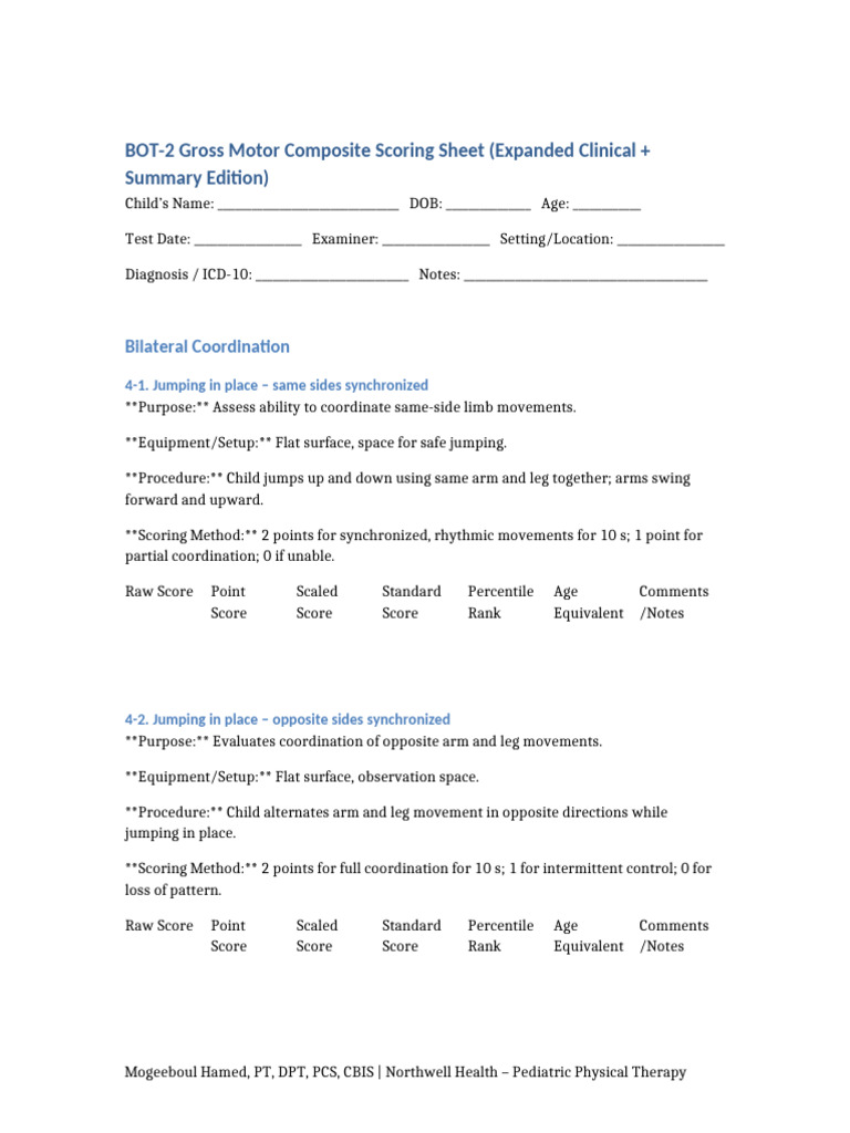 BOT-2 Gross Motor Scoring Sheet | PDF
