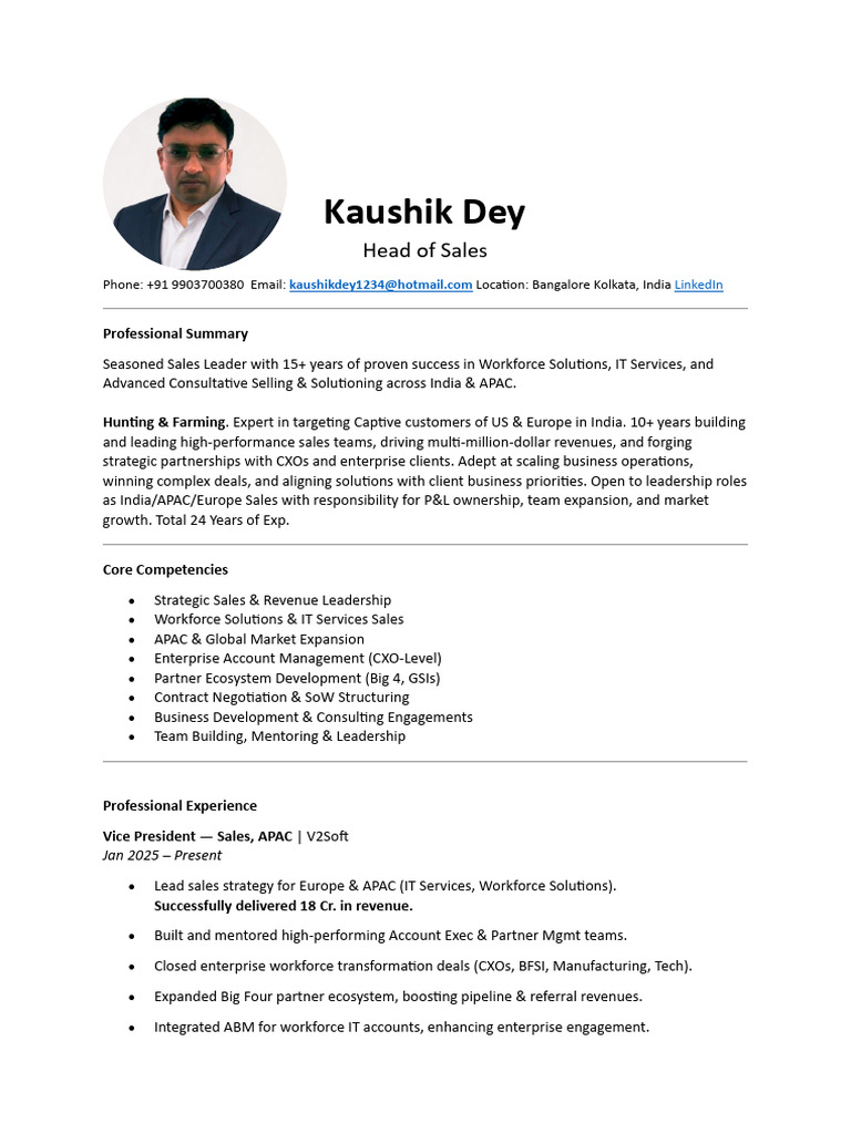 Sales Leader Profile: Kaushik Dey | PDF | Business | Computing