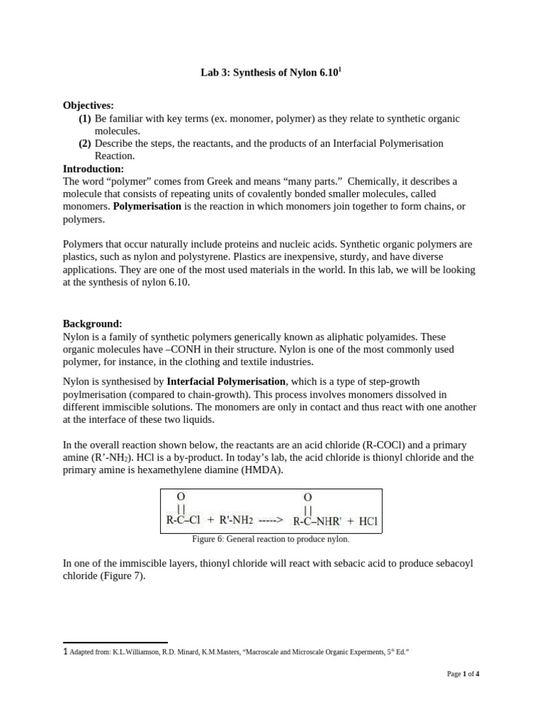 Nylon 6.10 Synthesis Lab Guide | PDF | Polymers | Polymerization