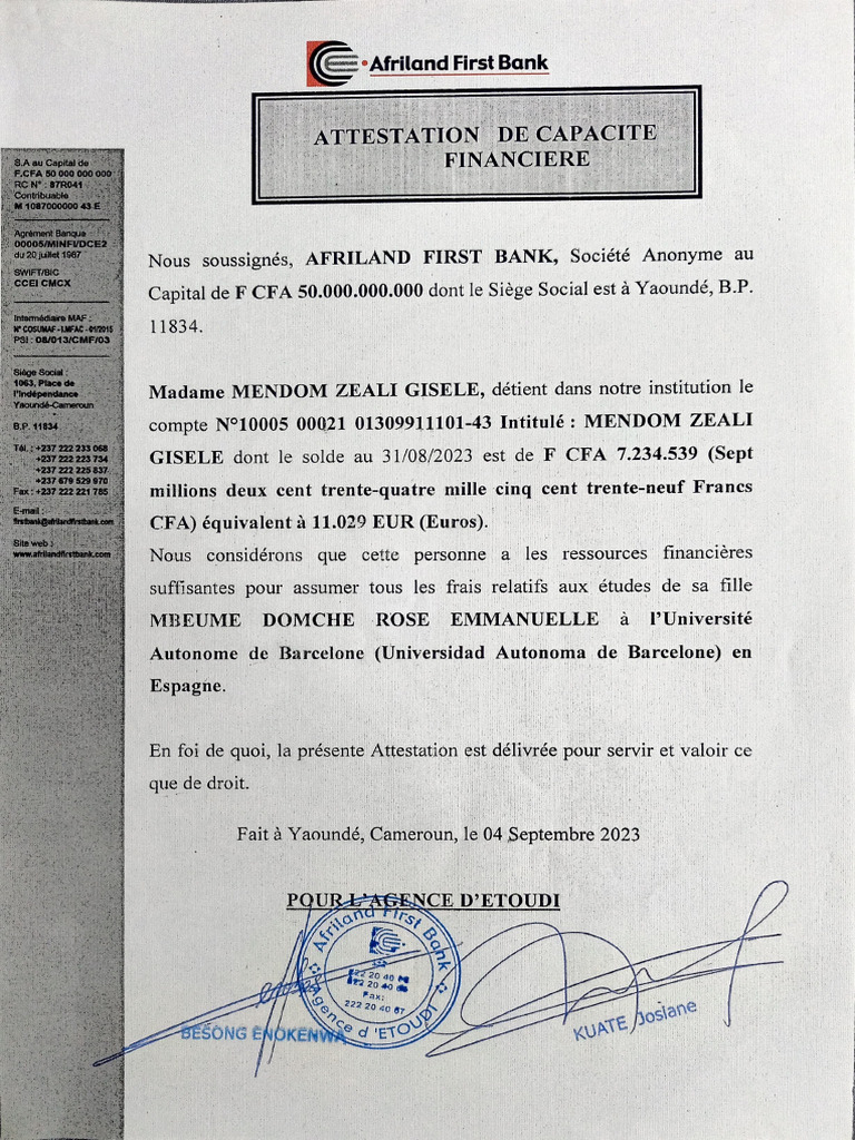 Attestation de Capacité Financière | PDF | Bancaire | Investisseur ...