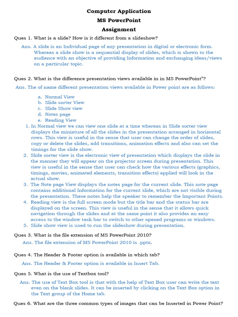 MS PowerPoint Assignment Answers | PDF | Microsoft Power Point | Computing