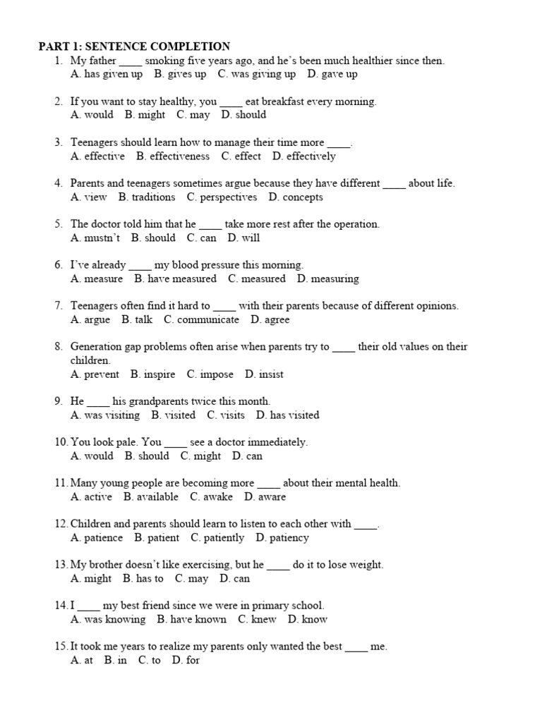 Sentence Completion and Reading Skills Test | PDF | Adolescence ...