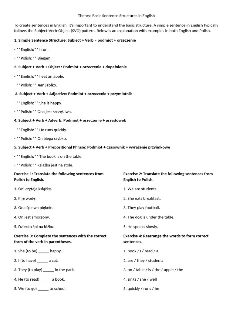 English Sentence Structure Basics | PDF | English Language | Subject ...