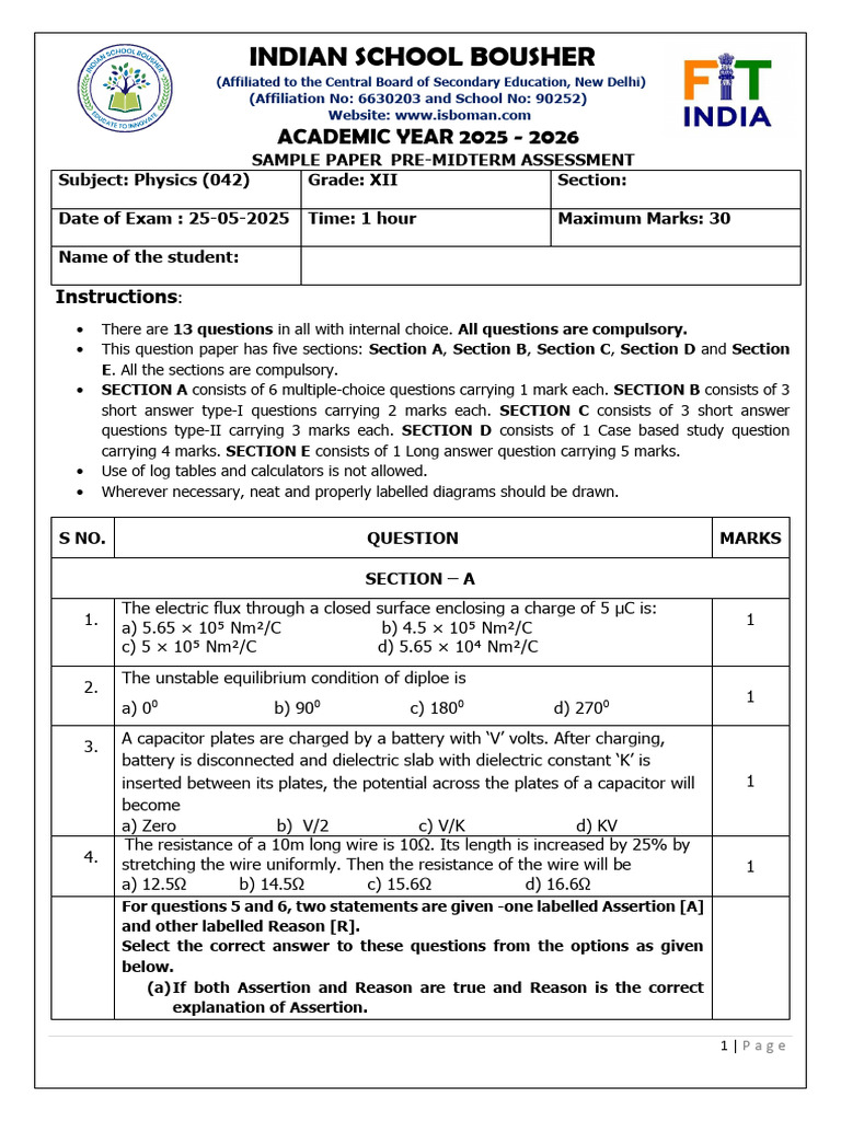 Physics Sample Paper for Grade XII | PDF | Capacitor | Capacitance