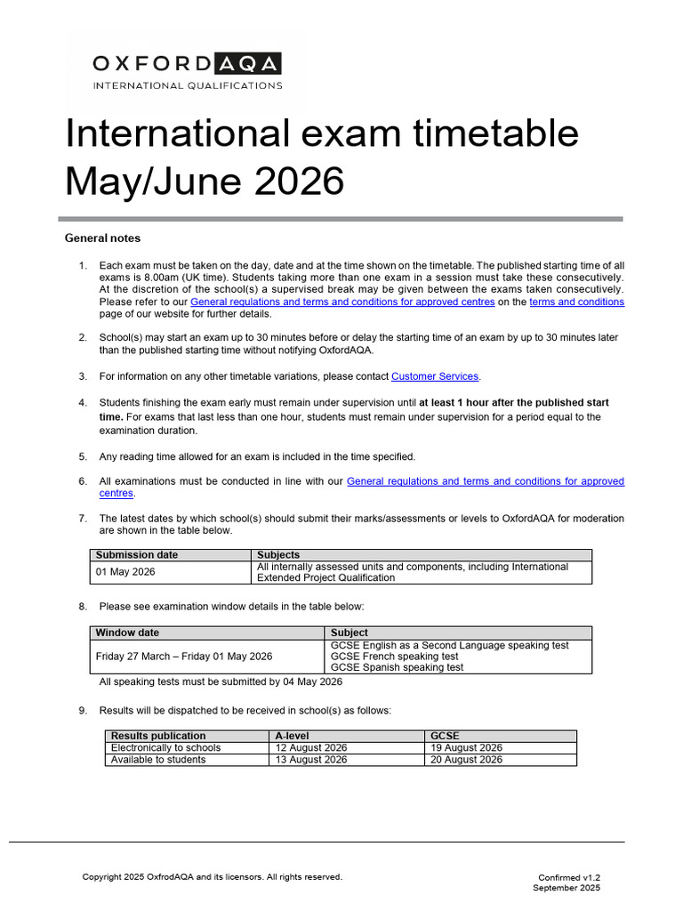 Oxford AQA Exam Timetable 2026 | PDF