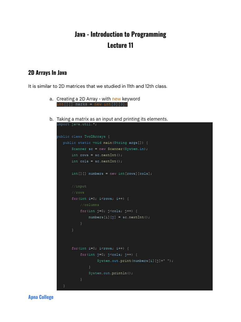 Java 2D Arrays Programming Basics | PDF | Matrix (Mathematics ...