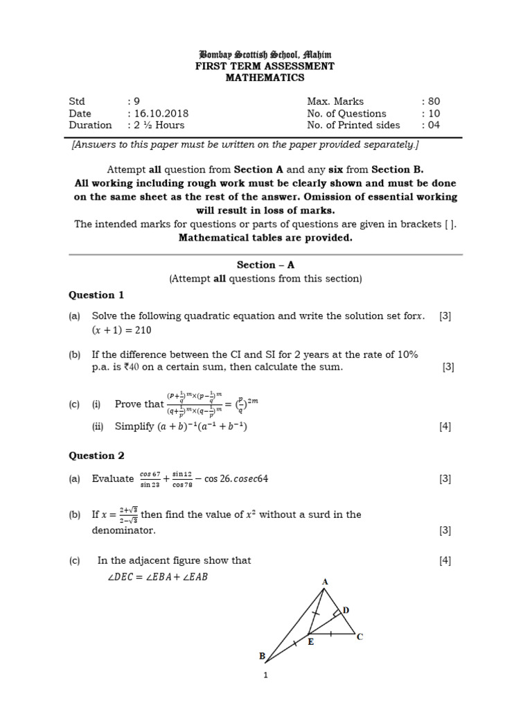 Std 9 Mathematics First Term Assessment | PDF | Circle | Mathematical ...