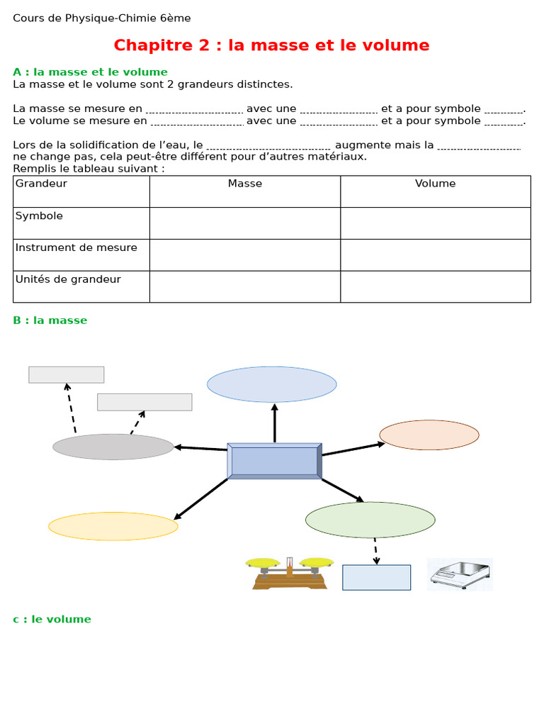 Masse et Volume en Physique-Chimie 6ème | PDF