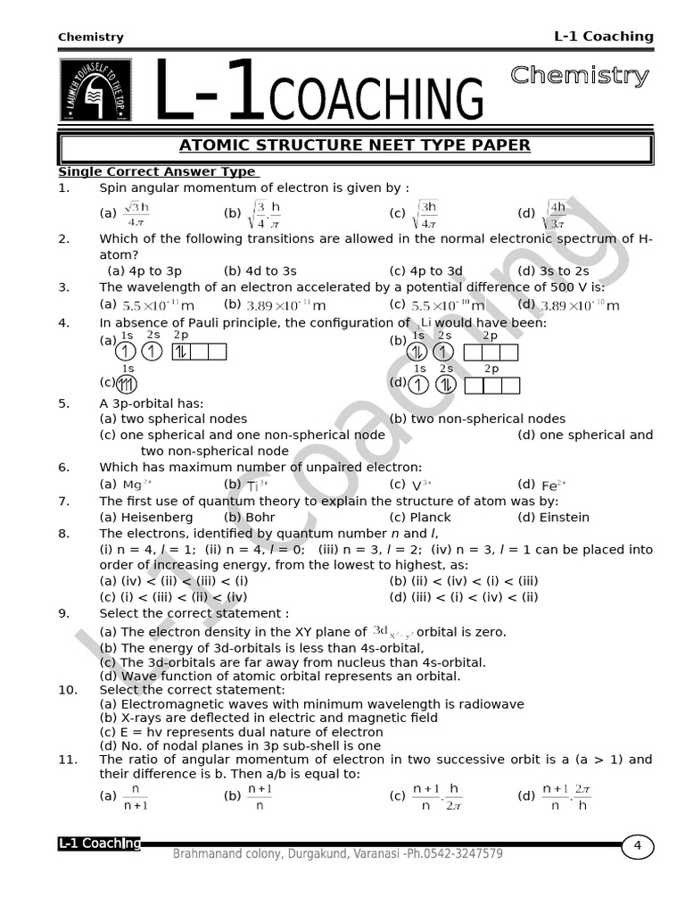 Atomic Structure NEET Type Paper | PDF | Photoelectric Effect | Atomic ...