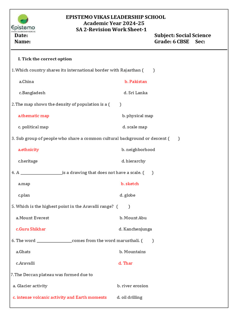 Grade 6 Social Science Revision Worksheet | PDF | Plateau | Map