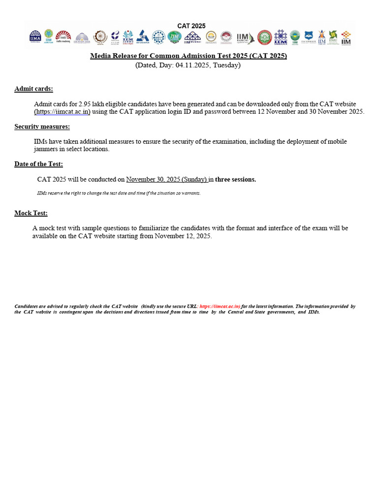 CAT 2025 Admit Card Release Date Changed PDF | PDF