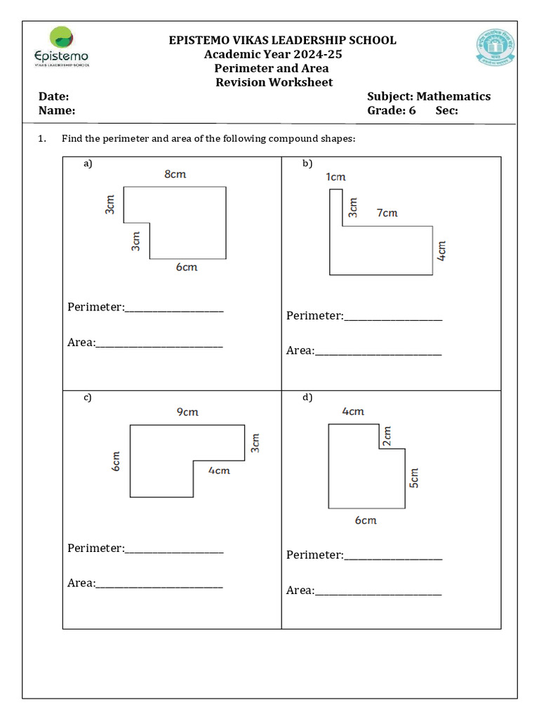 Perimeter and Area Worksheet for Grade 6 | PDF | Area | Length