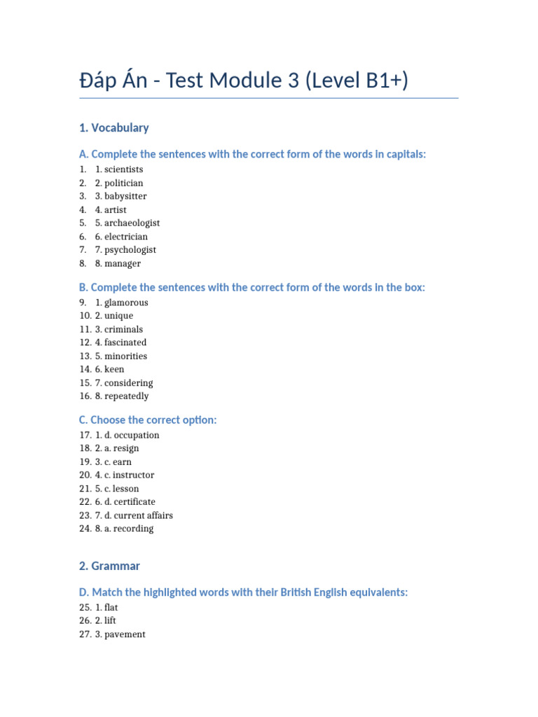 Dap An Test Module 3 | PDF
