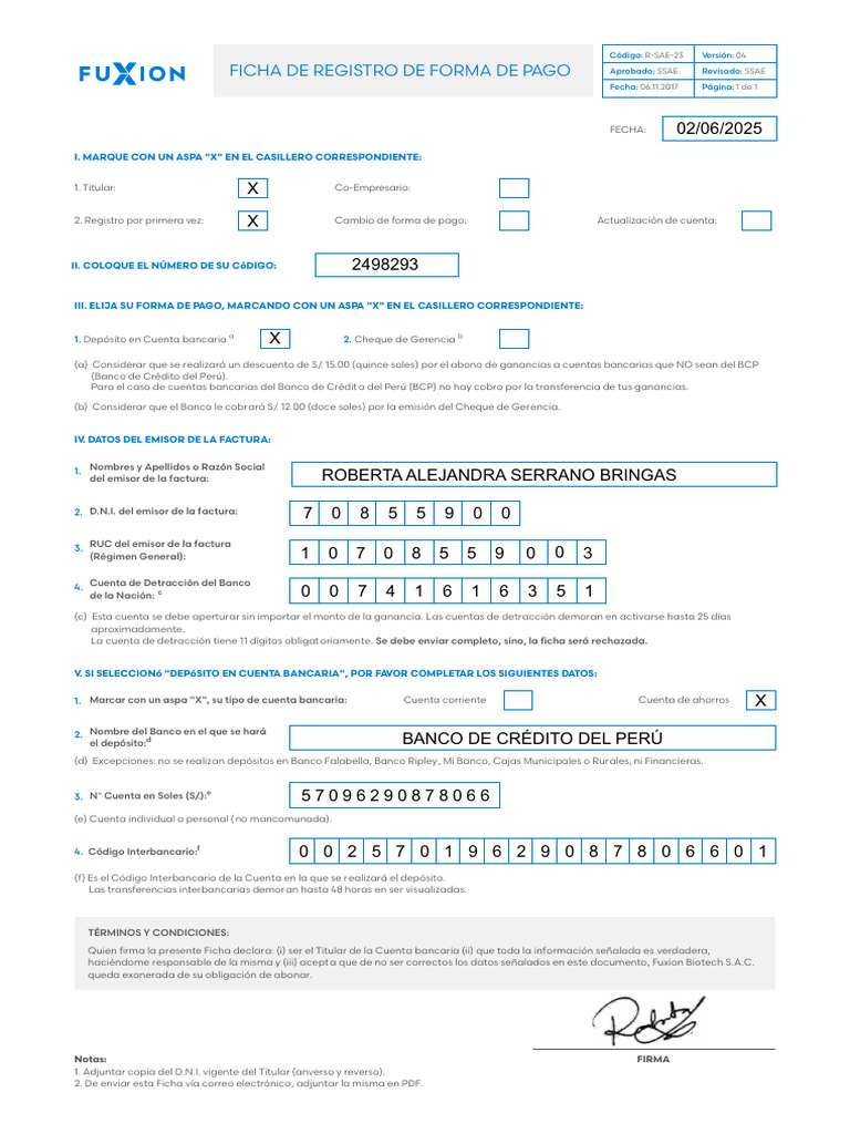 Ficha de Registro Forma de Pago Roberta Serrano | PDF | Bancos ...