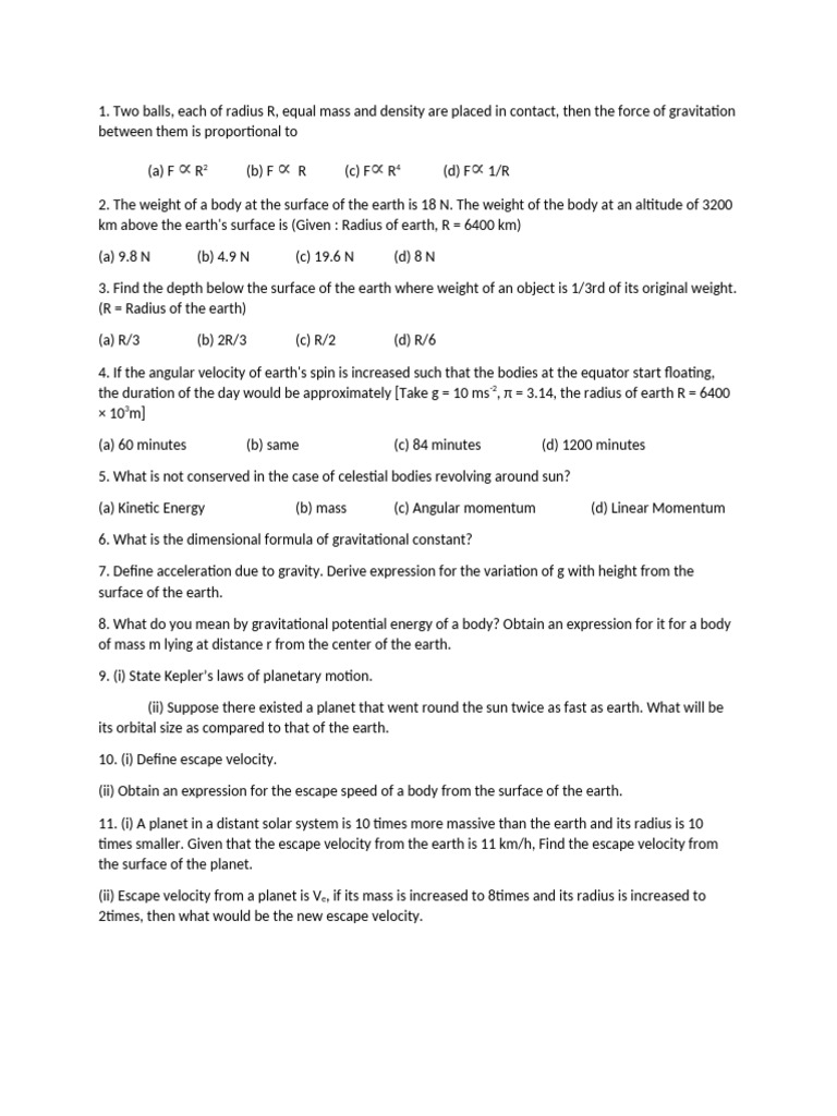 Unit Test 11th Gravitation | PDF