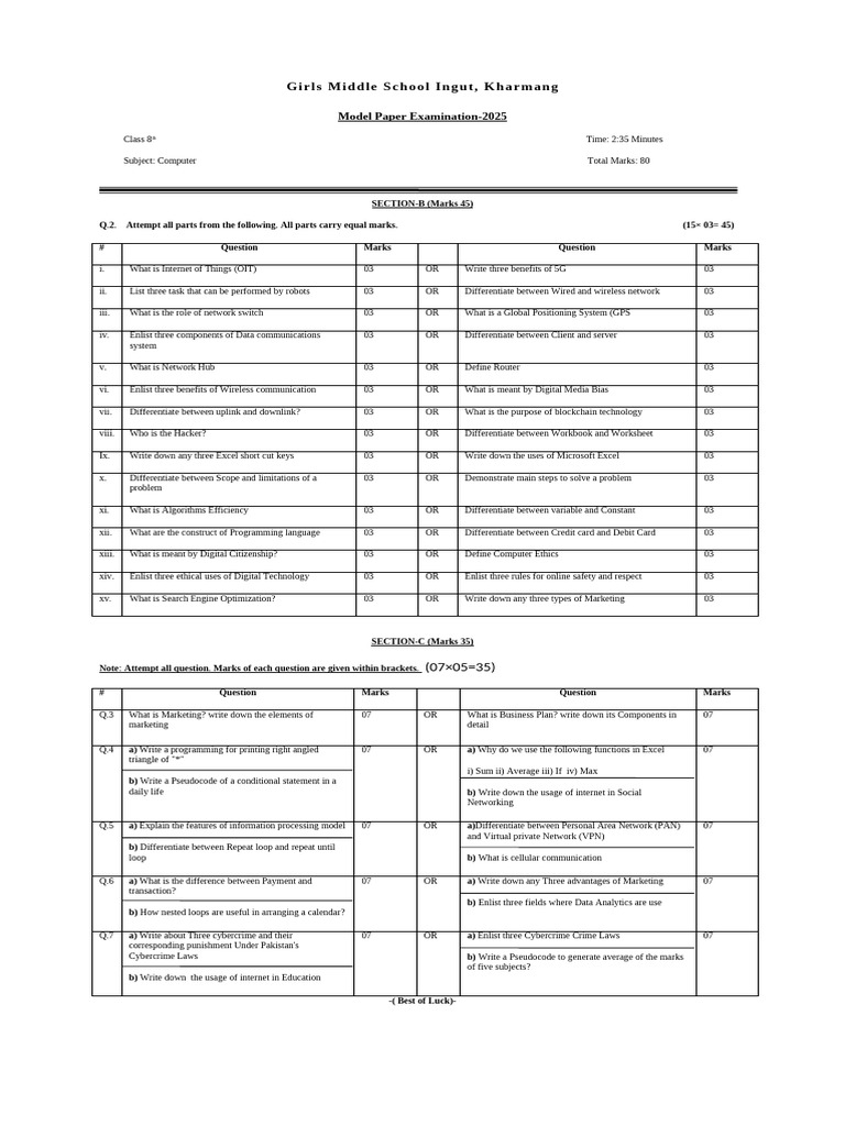 Class 8 Computer Exam Paper 2025 | PDF | Computer Network | Computer ...