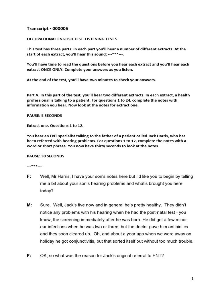OET Listening Test 5 Transcript | PDF | Urinary Incontinence | Clinical ...