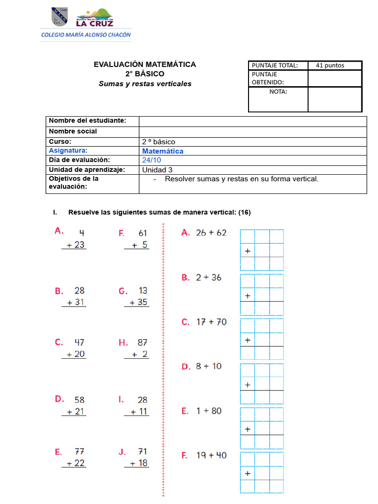 Evaluación de Sumas y Restas 2° Básico | PDF