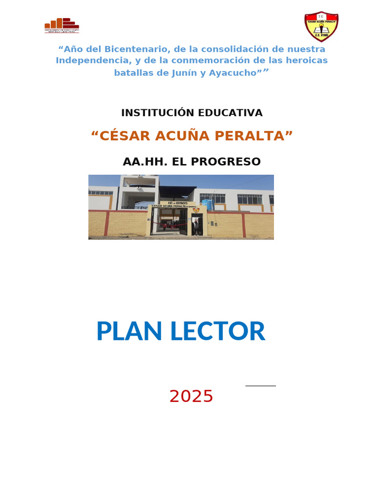Plan Lector 2025 I.E. César Acuña Peralta | PDF | Escuelas | Salón de ...
