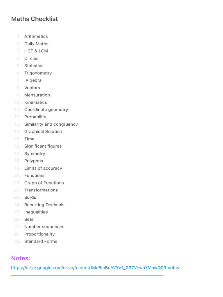 Maths Checklist | PDF
