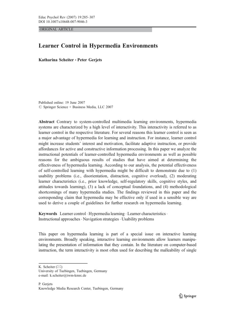 Learner Control in Hypermedia Learning | PDF | Learning | Metacognition