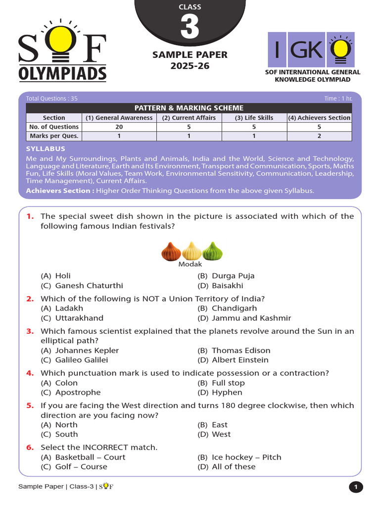 Class 3 General Knowledge Sample Paper | PDF
