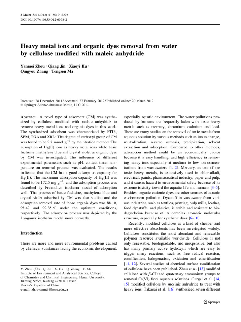 Heavy Metal Ions and Organic Dyes Removal From Water by Cellulose ...
