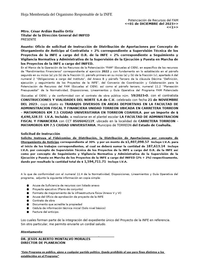 Solicitud de Anticipo para Proyectos INFE | PDF
