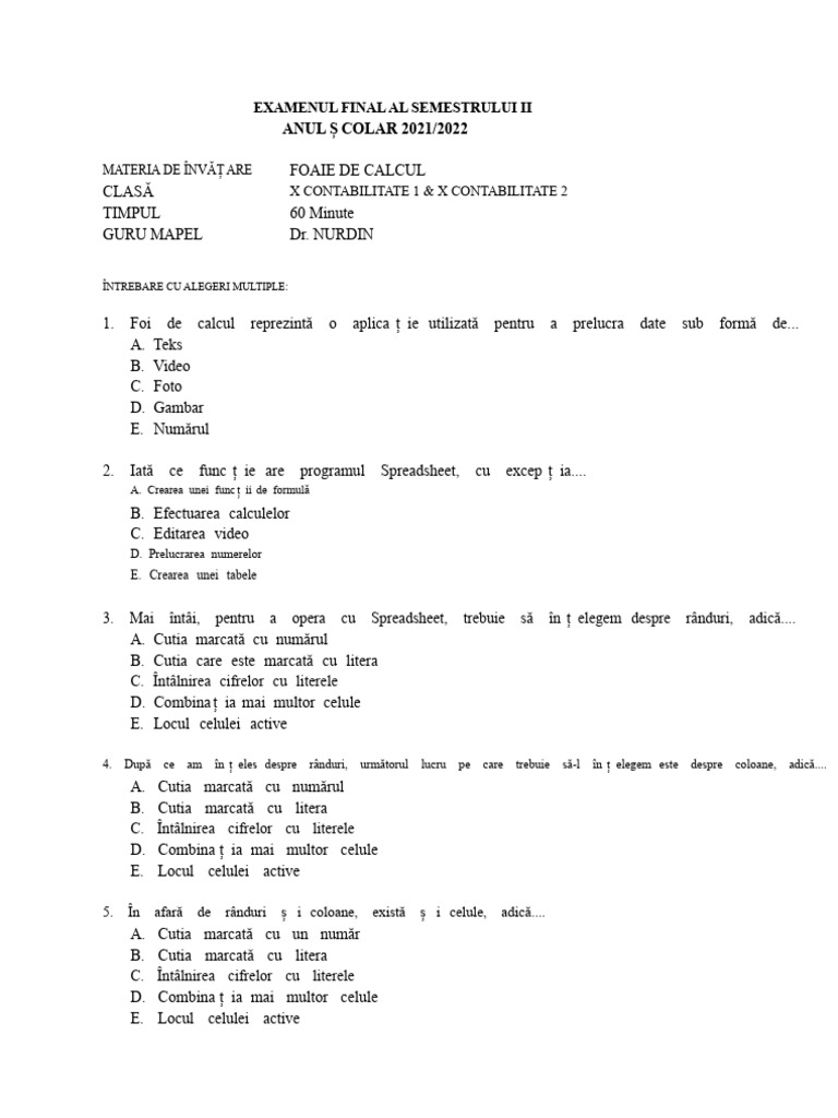 Întrebare Spreadsheet | PDF