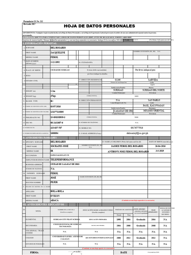 Copia Del Formulario CS No. 212 Hoja de Datos Personales 2019 | PDF ...