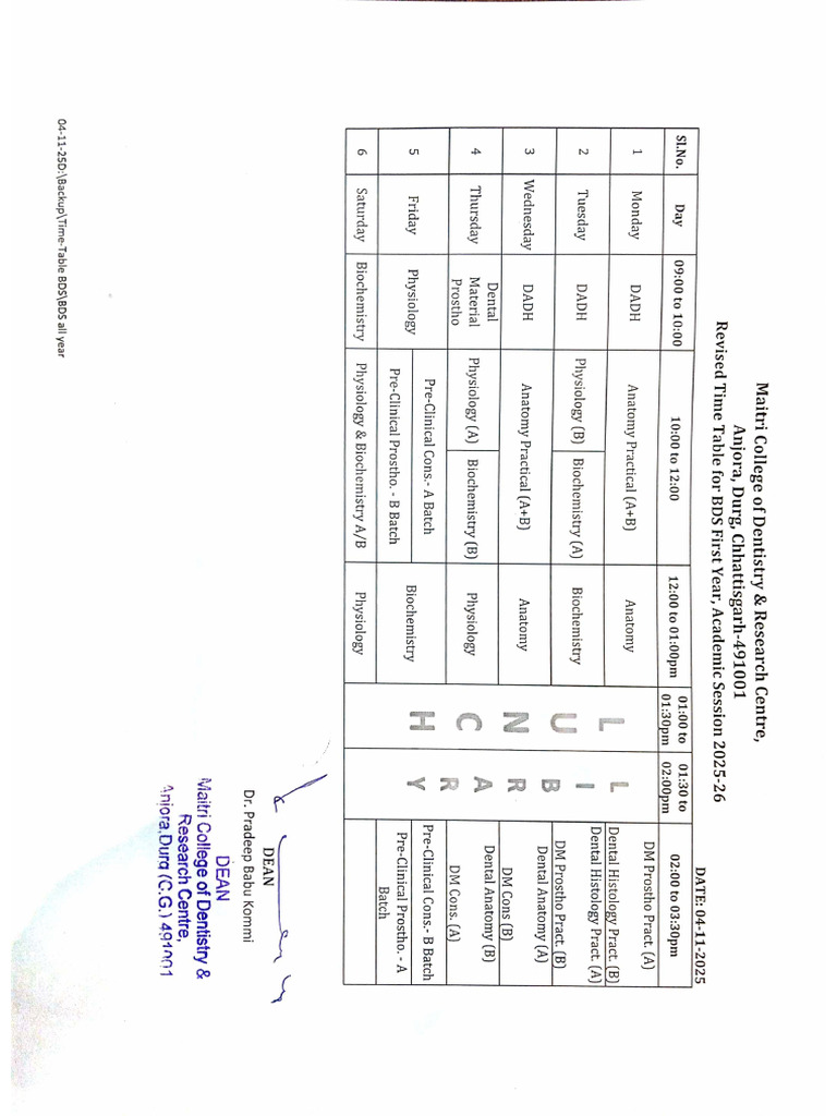 Revised Time Table For BDS First Year Session 2025-26 | PDF