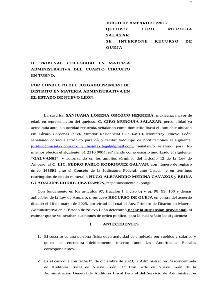 Recurso de Queja en Juicio de Amparo | PDF | Caso de ley | Sentencia (ley)
