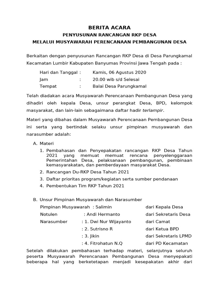 Musyawarah RKP Desa Parungkamal 2020 | PDF
