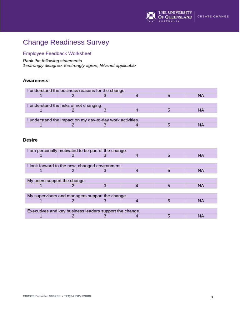 Change Readiness Employee Survey | PDF | Learning | Social Psychology