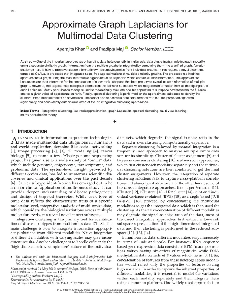Approximate Graph Laplacians For Multimodal Data Clustering | PDF ...